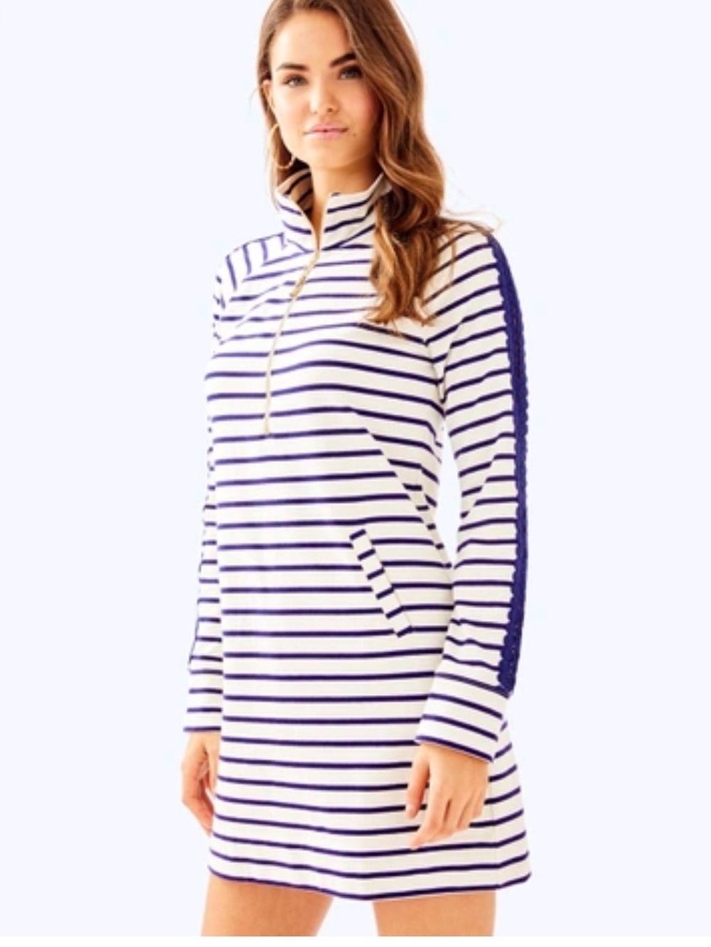 Lilly Pulitzer Striped Quarter-Zip Dress in White & Navy - Size Small